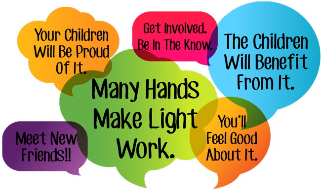 Word Cloud:
Many Hands Make Light Work, Meet New Friends!! Your Children Will Be Proud of It, Get Involved. Be in the Know. The children will benefit from it. You'll feel good about it.